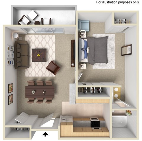 Floor plan for 1 bed, 1 bath, 650 sqft